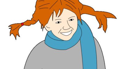 En tecknad bild av pippi. Hon har orangea flätor som står rakt ut och ler stort. Hon har en halsduk virad runt halsen.