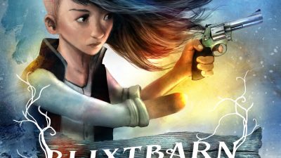Omslag till boken Blixtbarn. En tjej som håller i en pistol.