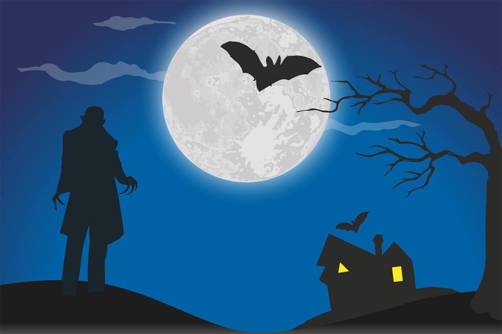 Siluett av en vampyr, en fladdermus och en fullmåne.