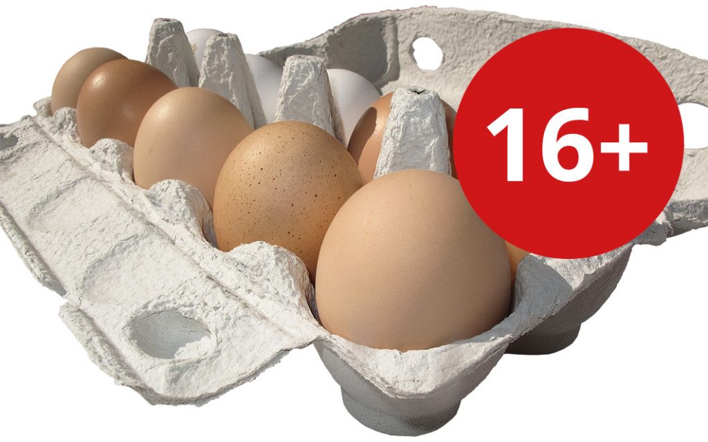 Ägg med en markering där det står "16+"