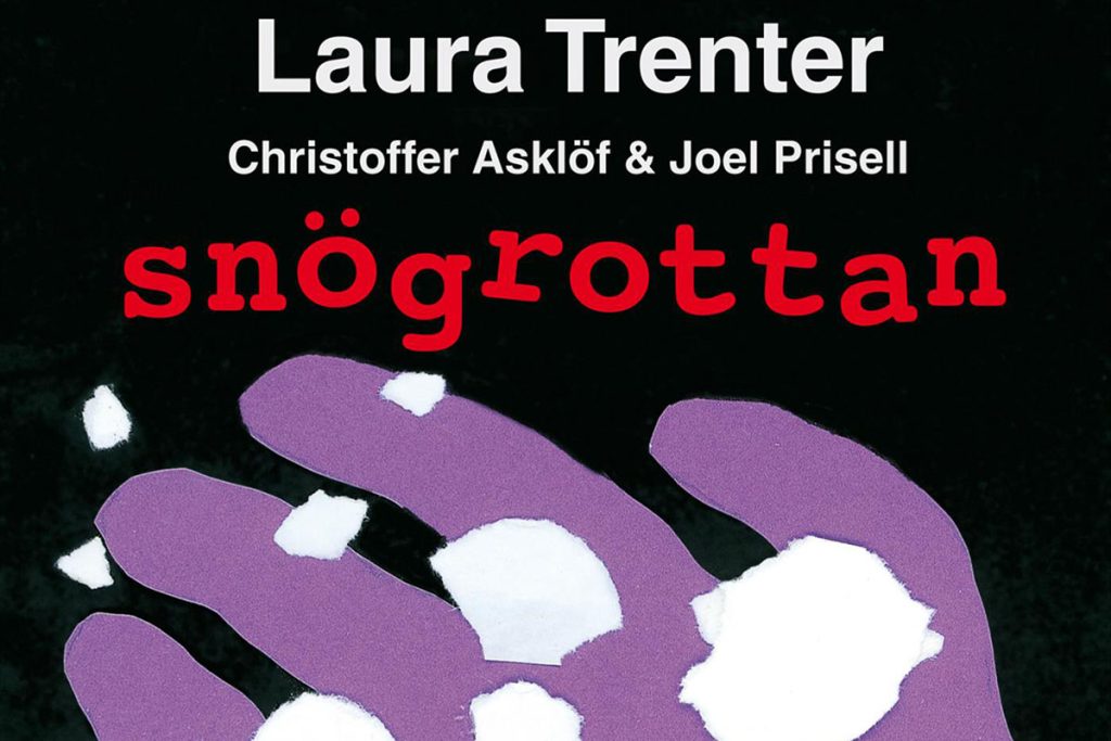 Bokomslaget till boken Snögrottan. En svart bok med röd text och en lila vante.