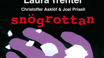 Bokomslaget till boken Snögrottan. En svart bok med röd text och en lila vante.